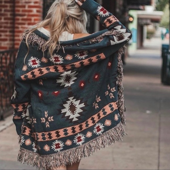 BellanBlue Sweaters - #18 Cozy Tribal Aztec Print Fringe Western Open Front Cardigan